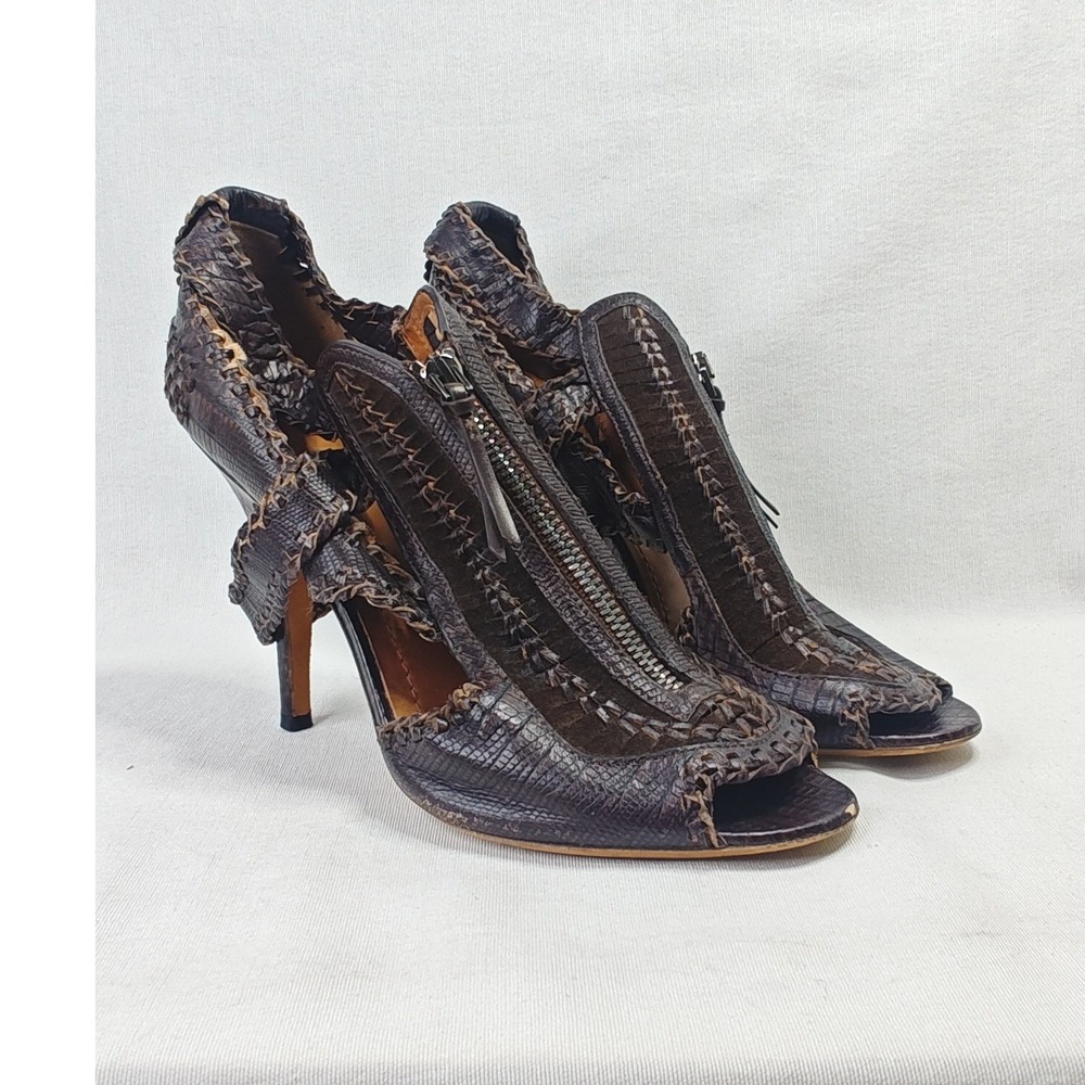 Givenchy Leather Whipstitch Sandals Brown Woven Stiletto Zip Front Heels EU 40